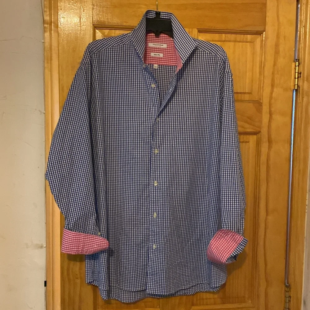 Isaac Mizrahi 💯 Cotton Blue Hot Punk Detail Collar Sleeves Button Down Shirt